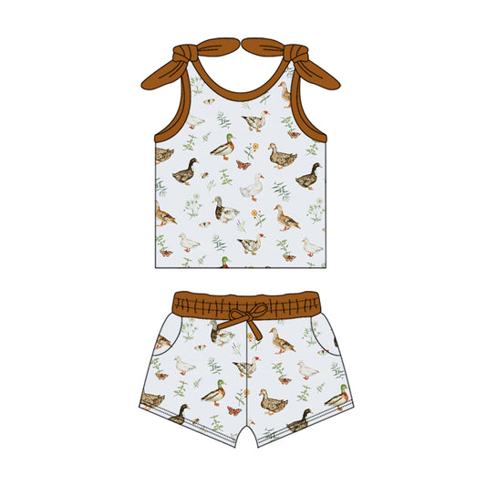 Preorder (moq 5)Baby Girls Brown Mallard Ducks Summer Shirt Top Shorts Clothes Sets