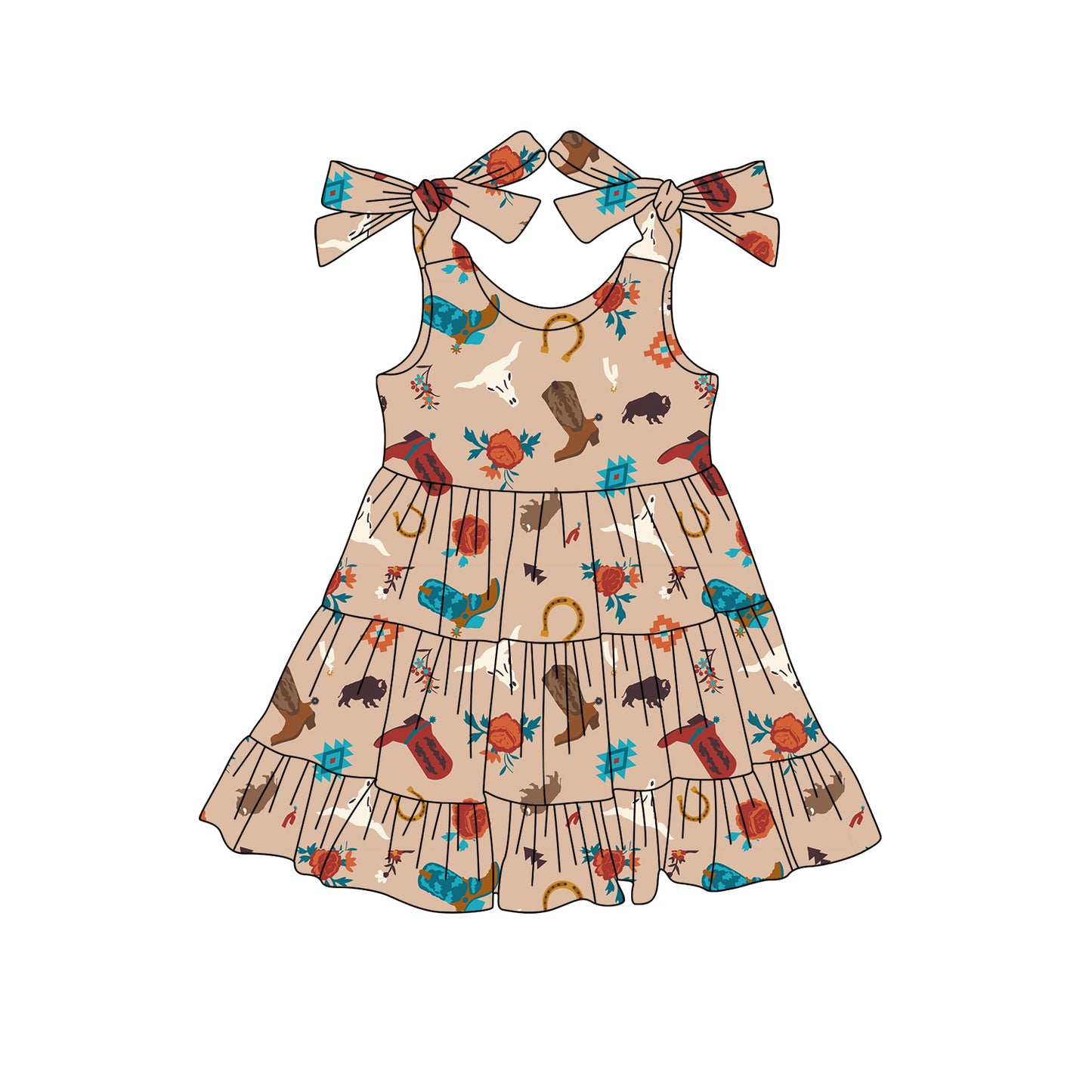 Preorder (moq 5)Baby Girls Khaki Strap Boots Bull Skull Knee Length Dresses