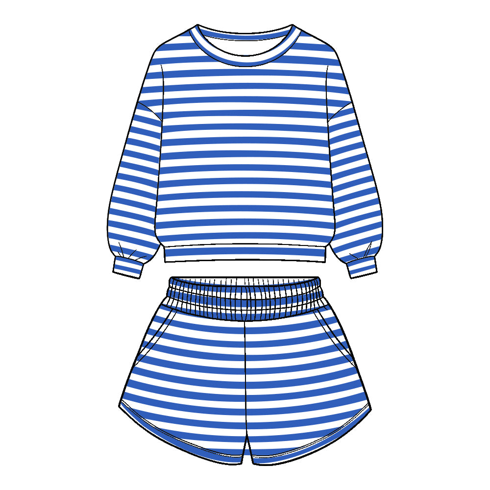 Preorder (moq 5)Baby Girls Long Sleeve Blue Stripe Top Pockets Short Clothes Set