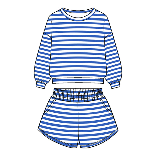 Preorder (moq 5)Baby Girls Long Sleeve Blue Stripe Top Pockets Short Clothes Set
