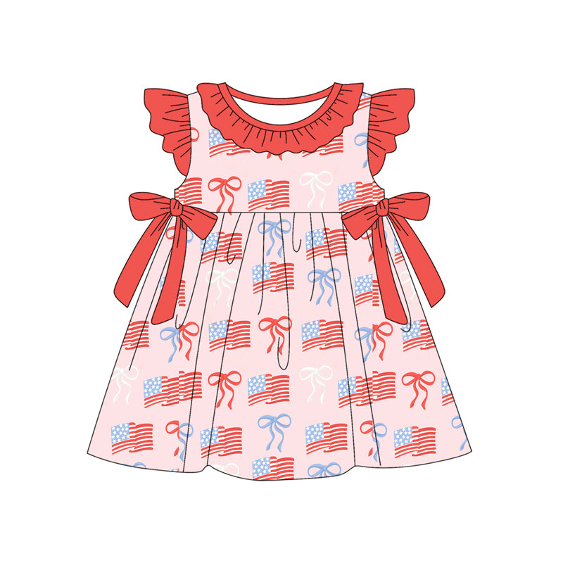 Preorder (moq 5)Baby Girls 4th Of July Flags Bows Knee Length Dresses