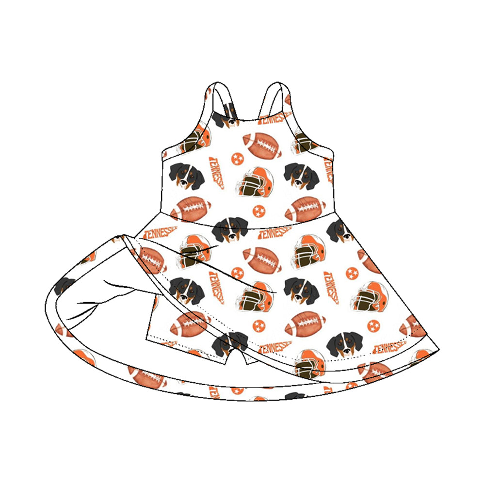 Preorder (moq 5)Baby Girls Strap Footballs Dogs Team Shorts Knee Length Dresses