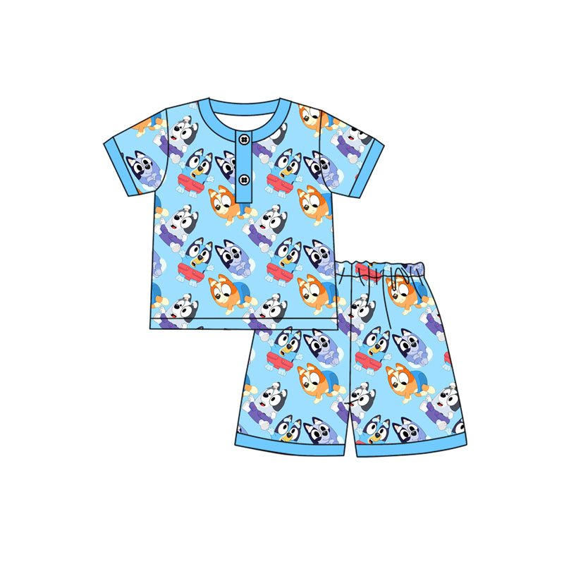 Preorder moq 5 Baby Boys Blue Short Sleeves Cartoon Dogs Button Top Shorts Pajamas Set