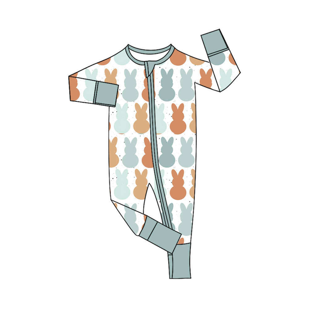 Preorder (moq 5) Baby Boy Clothes Easter Boho Bunny Silhouette Print Long Sleeve Zipper Romper