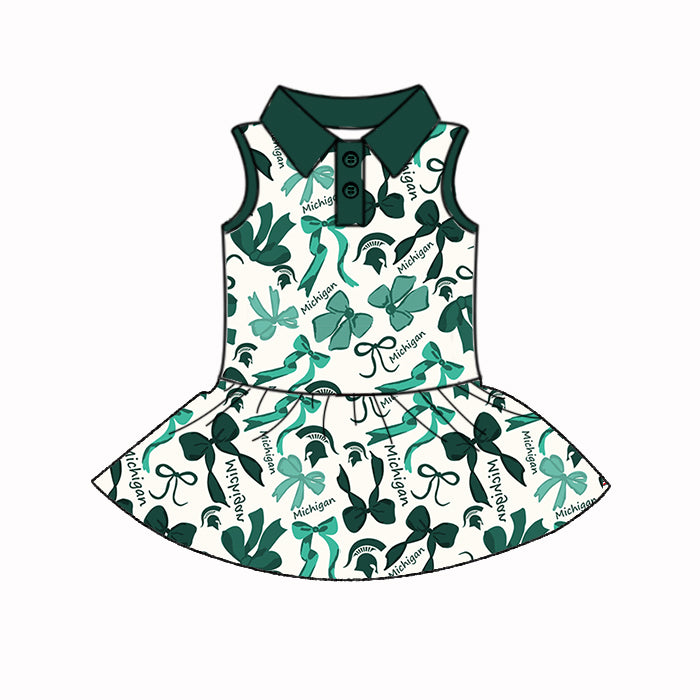 Preorder (moq 5)Baby Girls Green Sleeveless Bows Plaid Michigan Button Team Knee Length Dresses