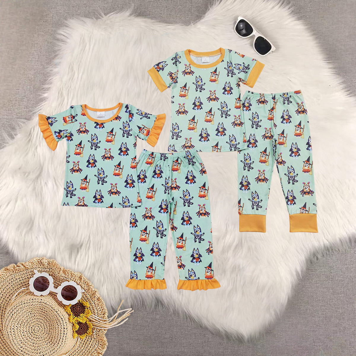 Sibling Baby Kids Short Sleeves Cartoon Dogs Top Pants Halloween Pajamas Clothes sets