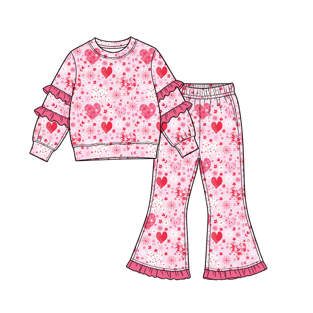 Preorder (moq 5) Baby Girl Clothes Pink Heart Star Floral Allover Print Long Sleeve Tiered Ruffle Top Ruffle Flare Pant Set