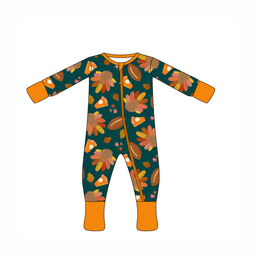 Preorder moq 10 Baby Kids Green Long Sleeves Turkey Footballs Zipper Pant Rompers