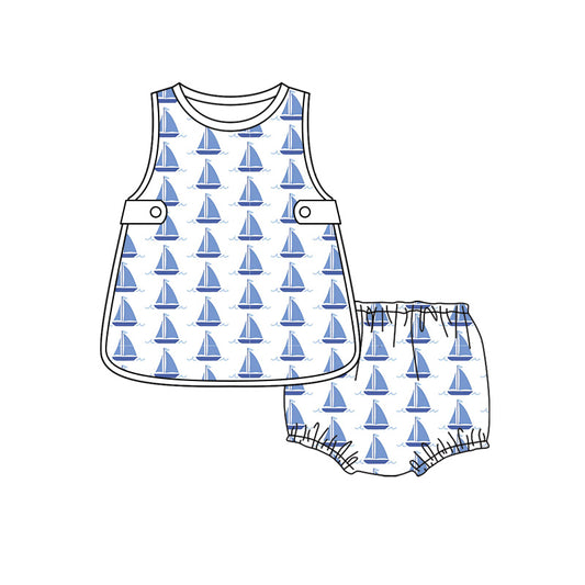 Preorder moq 5 Baby Boys Blue Boats Plaid Hunting Top Bummies Short Clothes Set