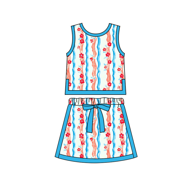 Preorder moq 5 Baby Girls Sleeveless Flowers Stripe Vests Skirt Shorts 4th of July Clothes Set