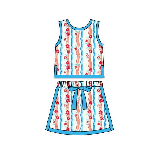 Preorder moq 5 Baby Girls Sleeveless Flowers Stripe Vests Skirt Shorts 4th of July Clothes Set