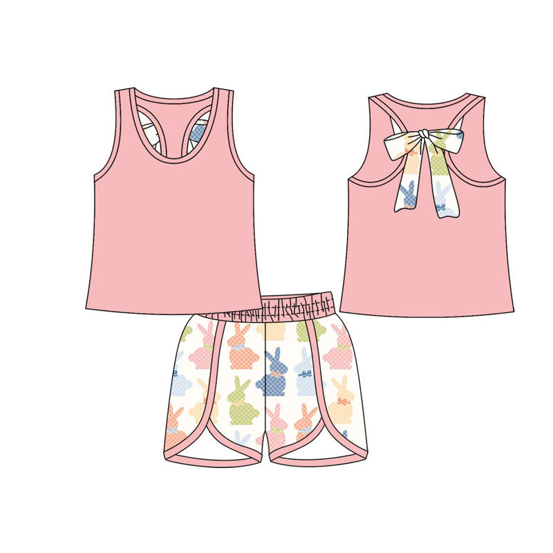 Preorder(moq 5) Baby Girls Peach Sleeveless Back Bow Top Colorful Rabbits Shorts Easter Clothes Sets