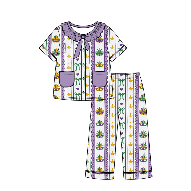 Preorder (moq 5) Baby Girl Clothes Mardi Gras Vertical Stripe Mask Bow Mixed Print Short Sleeve Ruffle Bow Long Pant Pajama Set