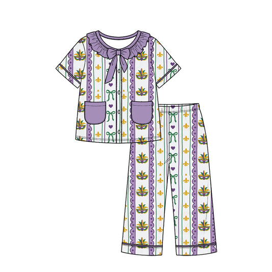 Preorder (moq 5) Baby Girl Clothes Mardi Gras Vertical Stripe Mask Bow Mixed Print Short Sleeve Ruffle Bow Long Pant Pajama Set