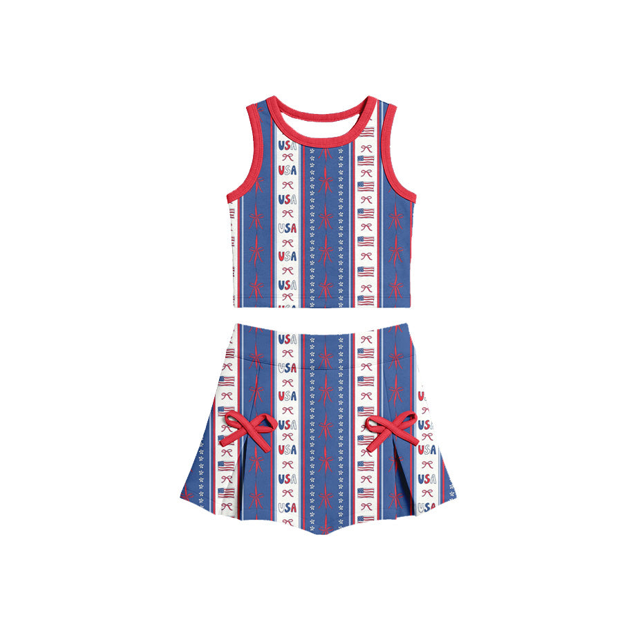 Preorder (moq 5)Baby Girls Sleeveless Bows USA Stripe Top Skirt Short 4th of July Clothes Sets