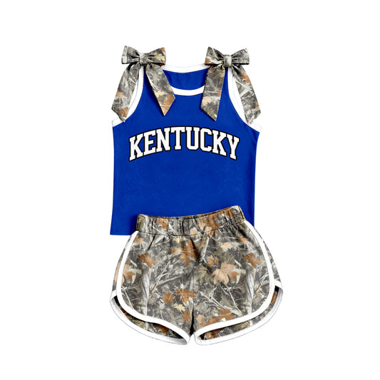 Preorder (moq 5) Baby Girls Camo Bows Sleeveless Kentucky Vest Short Team Clothes Set