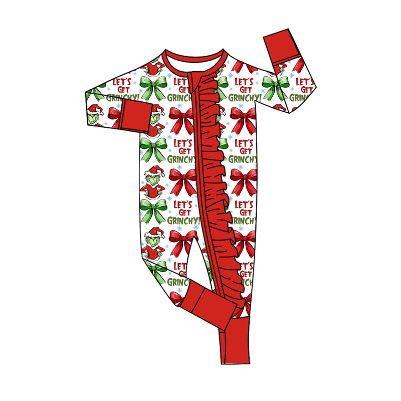 Preorder(moq 5)Baby Girls Christmas Let's Go Frog Zipper Footie Rompers