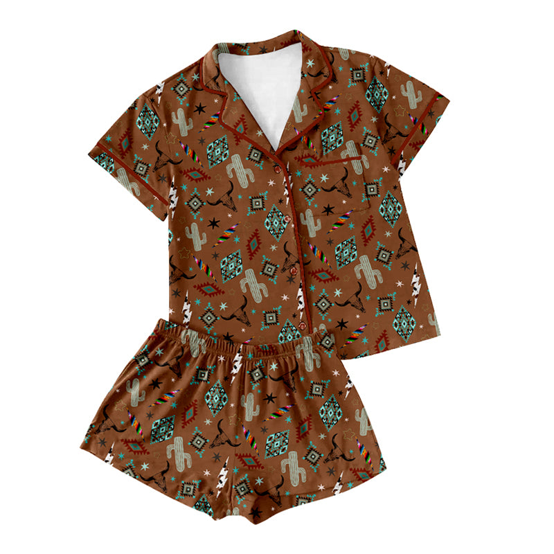 Preorder (moq 5)Adult Women Short Sleeves Button Pocket Cactus Bull Skull Aztec Top Shorts Pajamas Set