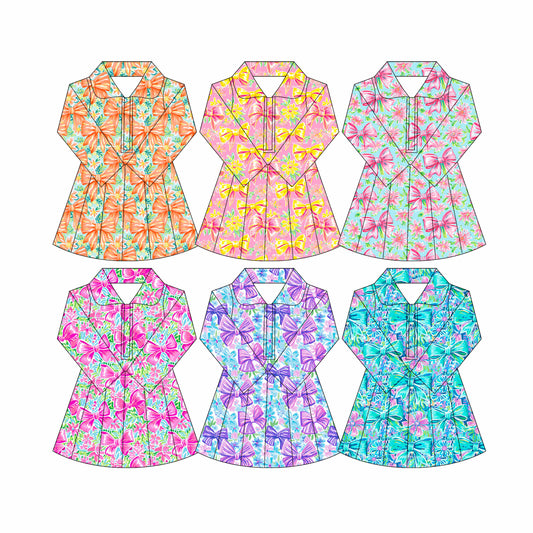 Preorder moq 10 Baby Girls Colorful Bows Floral Long Sleeves Zipper Activity Wear Yoga Knee Length Dresses