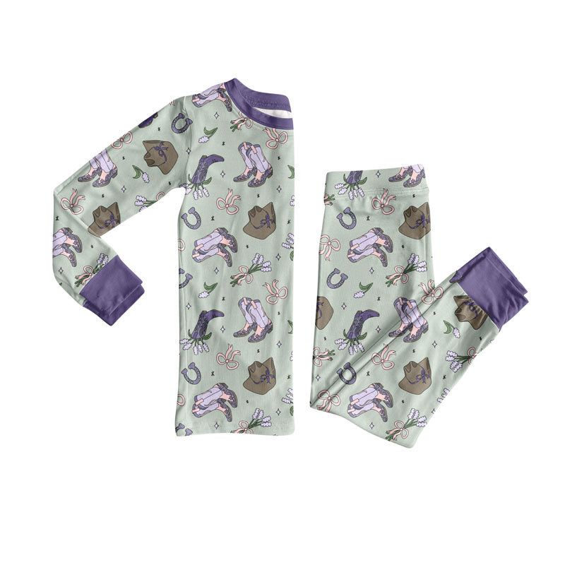 Preorder (moq 5)Baby Girls Purple Boots Hats Flowers Top Pant Pajamas Sets