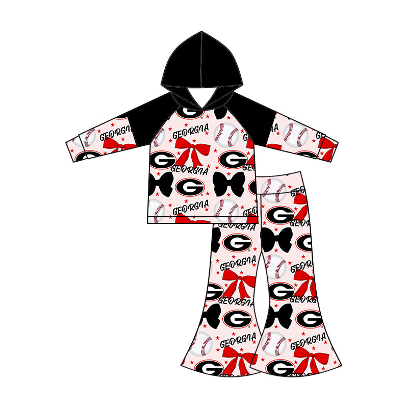 Preorder (moq 5)Baby Girls Long Sleeves Baseballs Bows Georgia Hoodie Top Bell Bottom Pant Team Set