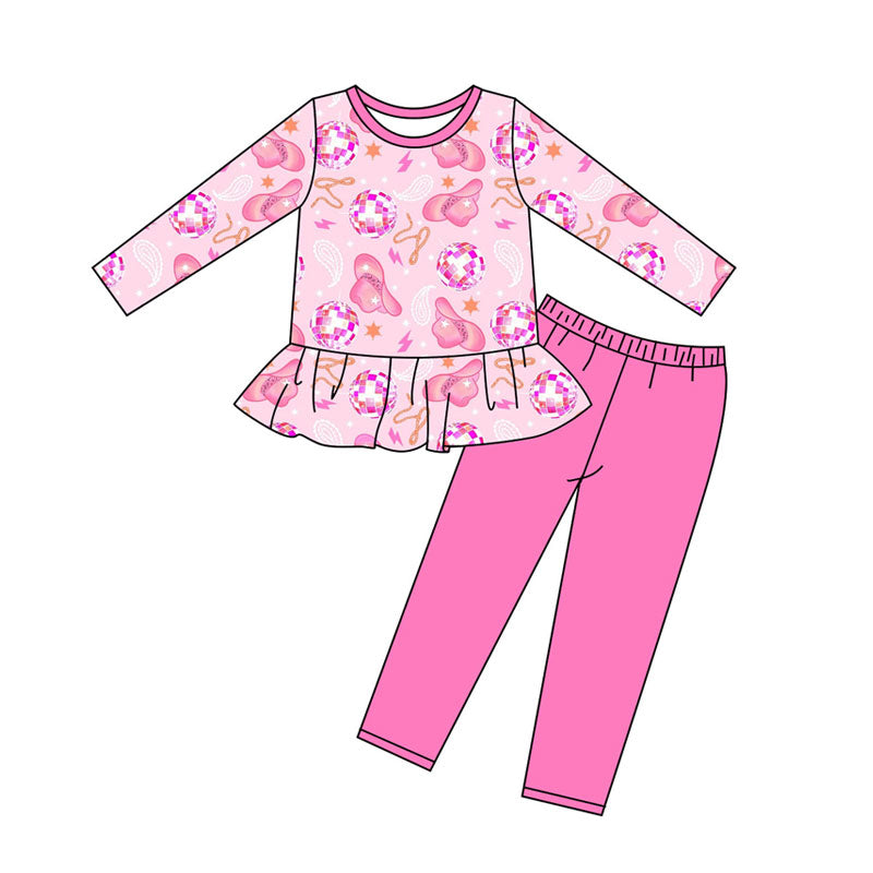 Preorder (moq 5)Baby Girls Pink Hats Stars Tunic Legging Pants Western Clothes Sets