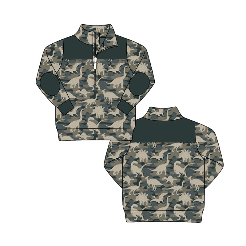Preorder（moq 5）Boys Fall Thanksgiving Camo Dinosaur Half-Zip Top, Casual Jacket