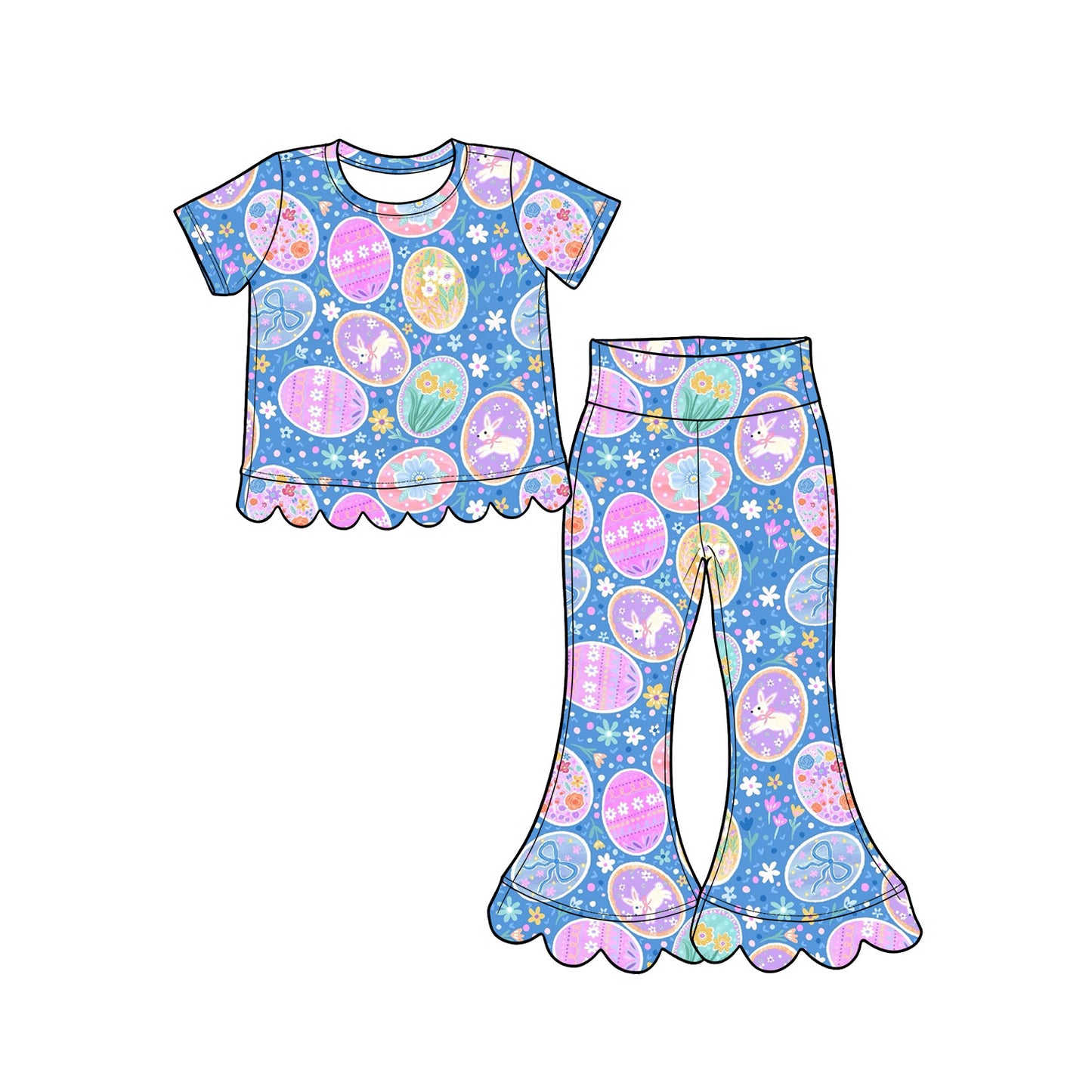 Pre-order(moq5) Baby Girls’ & Girls’ Spring Easter Pink Cute Rabbit Print Ruffle Crew Neck Short Sleeve Flare Pants Set