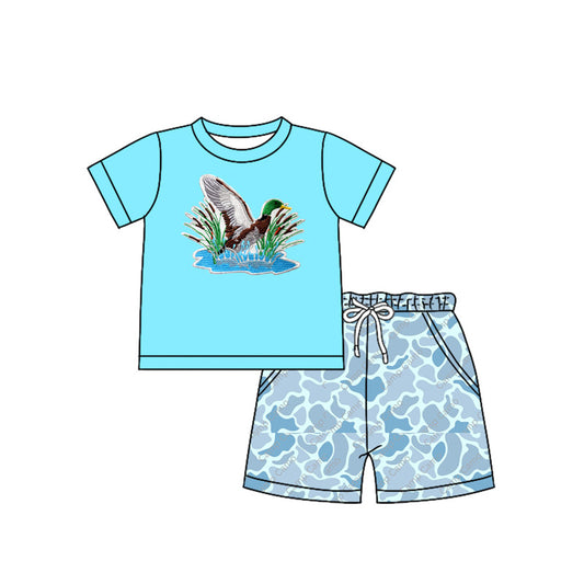 Preorder (moq 5)Baby Boys Hunting Ducks Blue Shirt Camo Shorts Clothes Sets