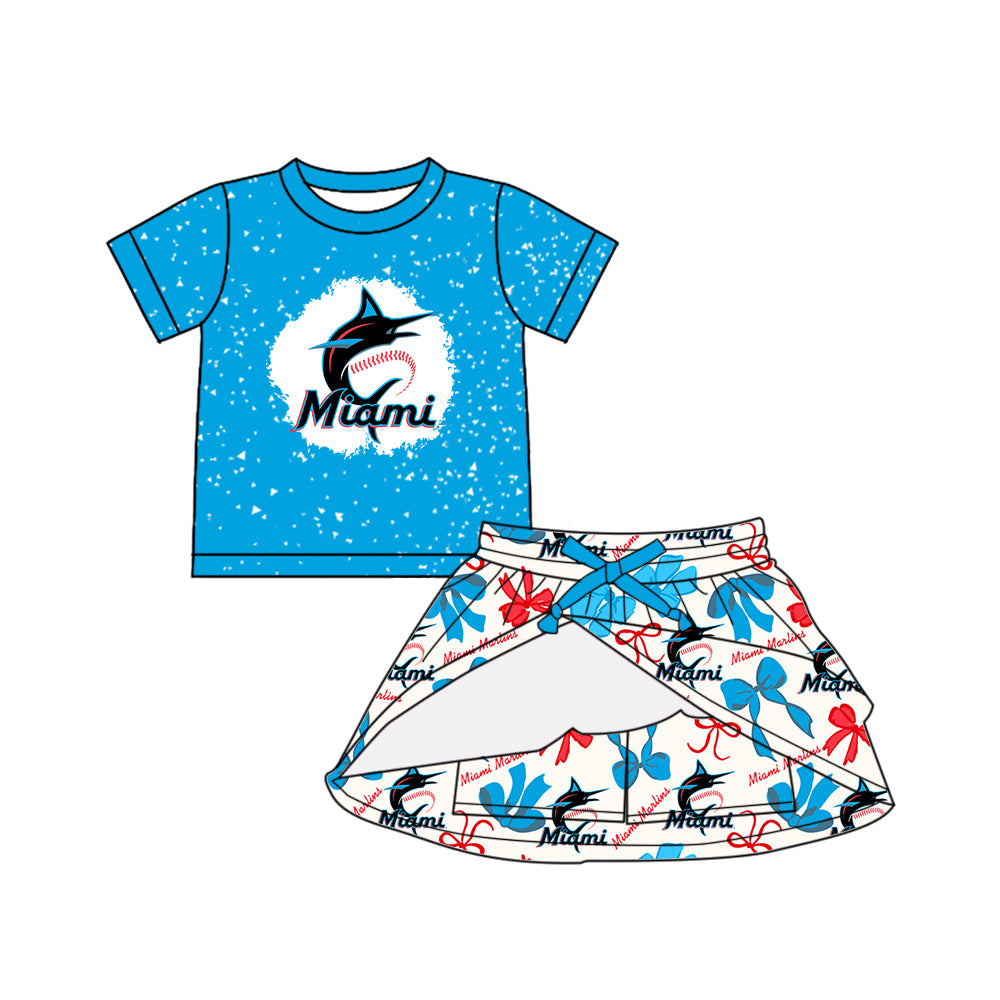 Preorder (moq 5)Baby Girls Blue Short Sleeves Miami Top Bows Plaid Skort Team Set