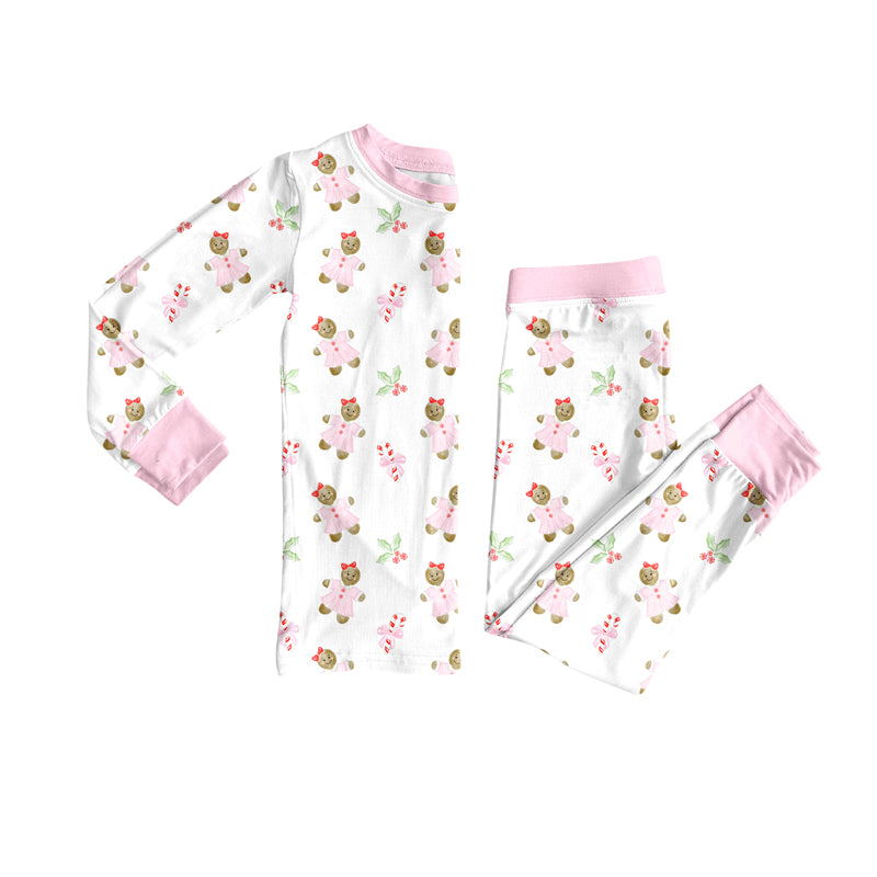 preorder(moq 5) Baby Girls Long Sleeves Pink Gingerbread Holly Top Pants Pajamas Set