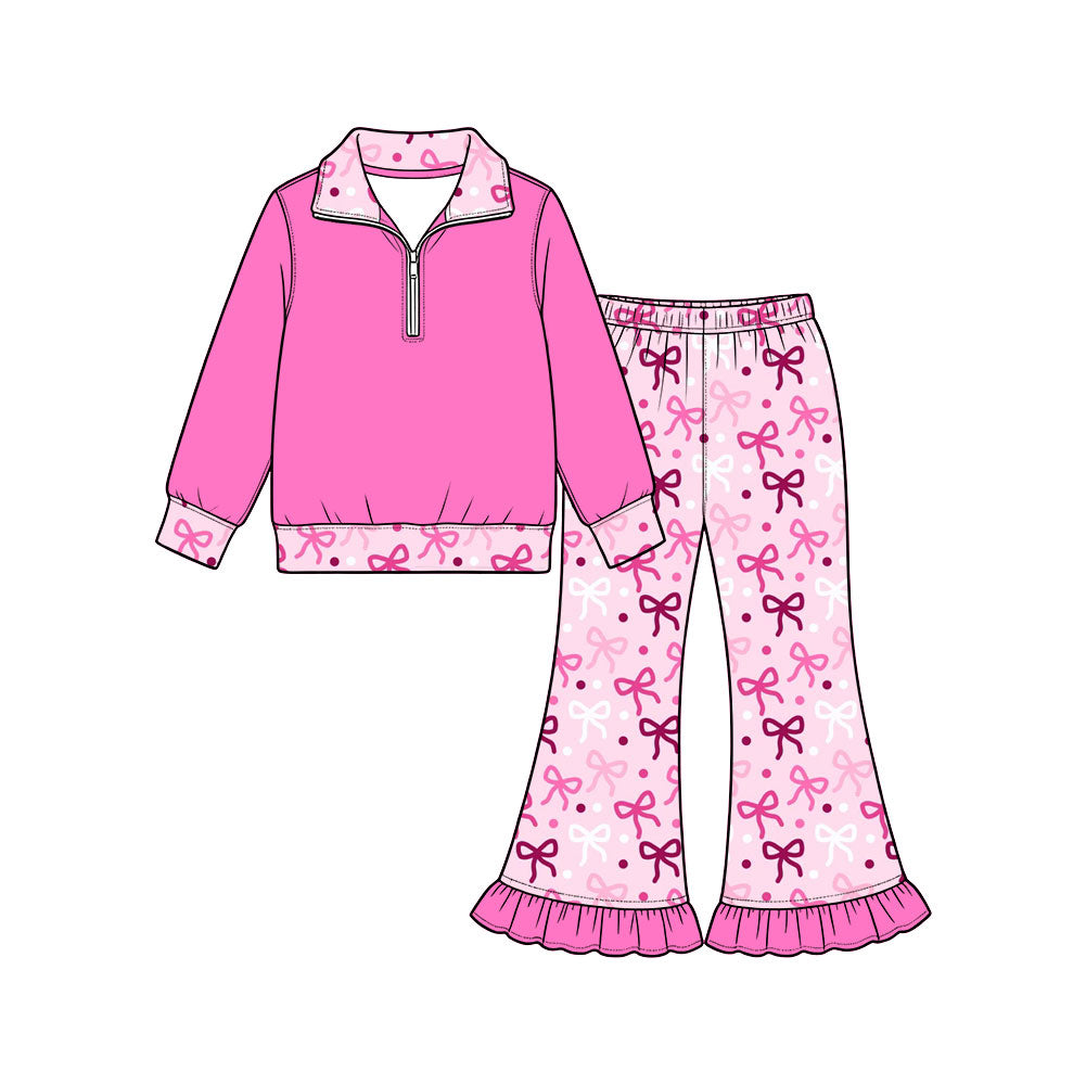 Preorder (moq 5) Baby Girl Clothes Pink Multi Bow Dot Print Long Sleeve Quarter Zip Top Ruffle Flare Pant Set