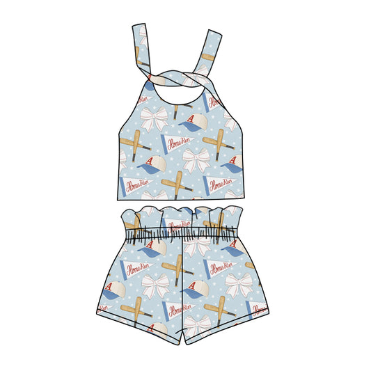 Preorder (moq 5)Baby Girls Baseball Blue Bows Straps Top Shorts Clothes Sets