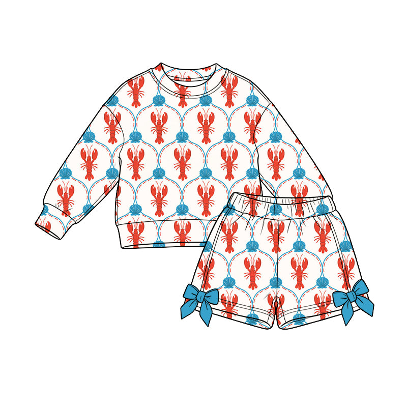 Preorder (moq 5) Baby Girl Clothes Red Lobster Seashell Mixed Print Long Sleeve Sweatshirt Bow Short Set