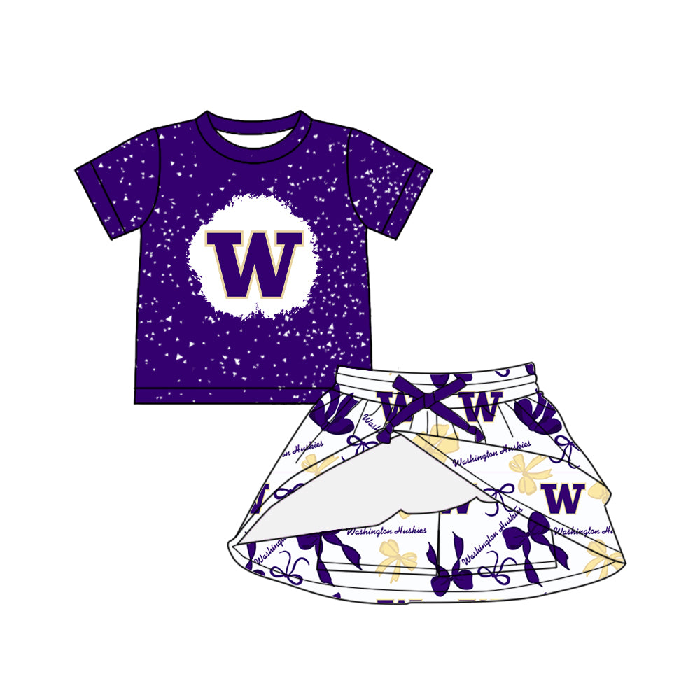 Preorder (moq 5)Baby Girls Purple Short Sleeves W Top Bows Plaid Skorts Team Set