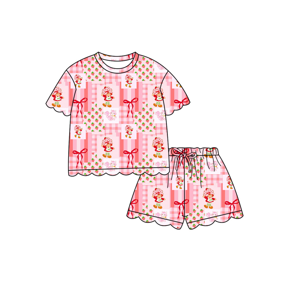 Preorder (moq 5)Baby Strawberry Girls Bows Checked Top Scallop Shorts Clothes Sets