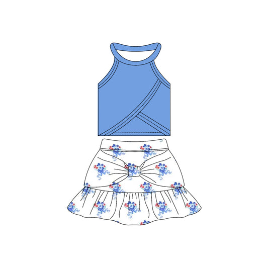 Preorder moq 10 Baby Girls Sleeveless Blue Vest Top Flowers Plaid Bow Ruffle Short Skirts Activity Wear Yoga Set