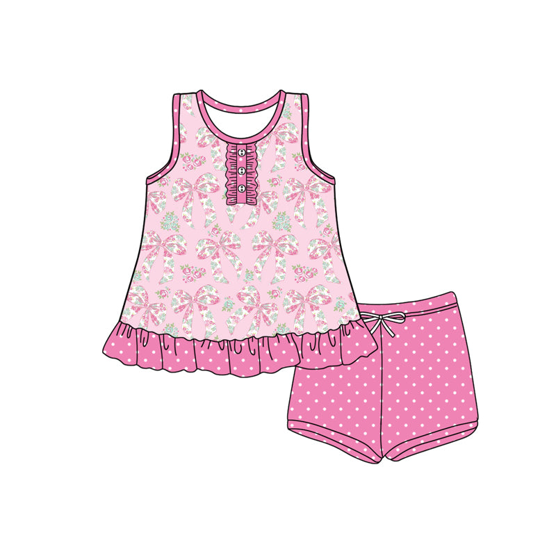 Preorder (moq 5)Baby Girls Pink Sleeveless Flower Bows Button Tunic Polka Dots Shorts Set