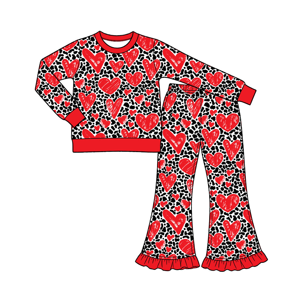 Preorder (moq 5) Baby Girl Clothes Black Leopard Sketch Red Heart Print Long Sleeve Flare Pant Set