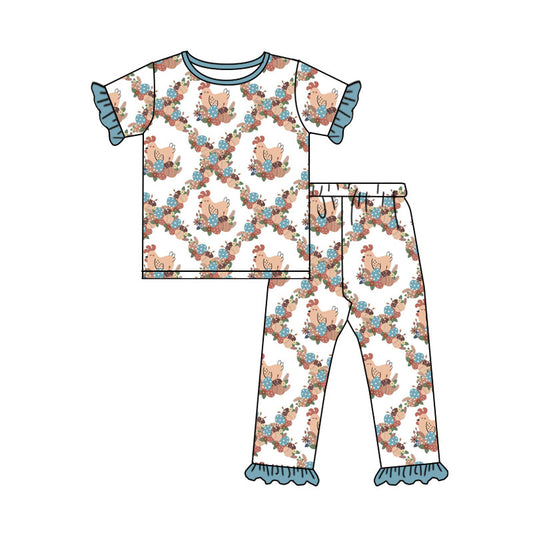 Preorder (moq 5) Baby Girl Clothes Vintage Chicken Floral Berry Print Short Sleeve Ruffle Top Long Pants Outfit Set