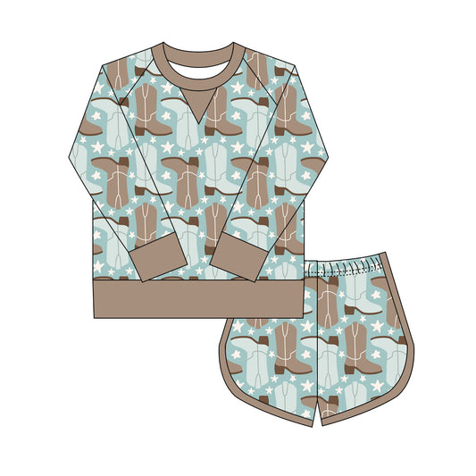 Preorder(moq 8)Baby Girls Blue Boots Stars Plaid Long Sleeve Top Shorts Western Clothes Set