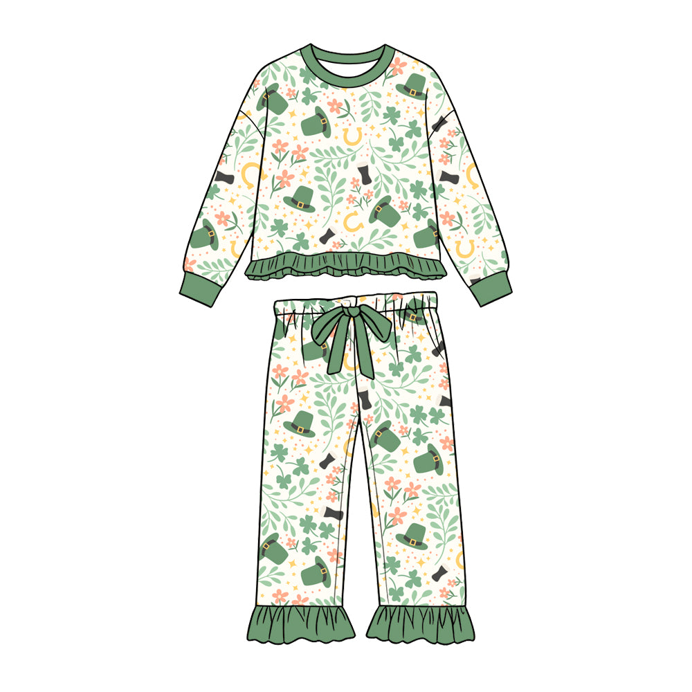 Preorder (moq 5) Baby Girl Clothes St Patrick’s Day Clover Hat Floral Allover Print Long Sleeve Ruffle Top Flare Pant Set
