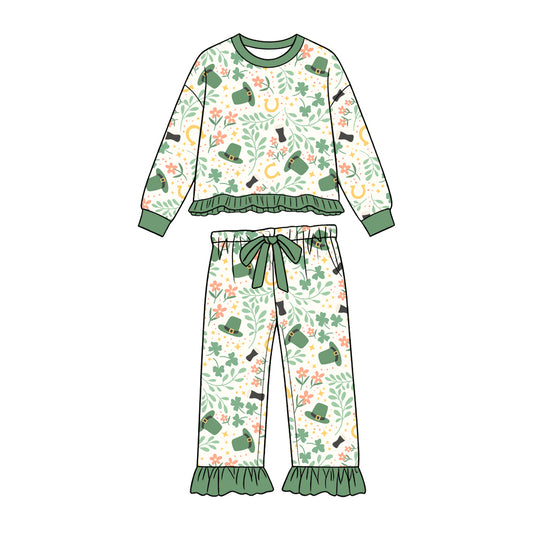 Preorder (moq 5) Baby Girl Clothes St Patrick’s Day Clover Hat Floral Allover Print Long Sleeve Ruffle Top Flare Pant Set