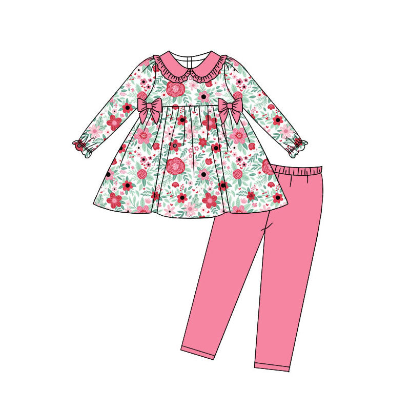 Preorder (moq 5)Baby Girls Pink Flowers Bows Tunic Leggings Pant Clothes Sets