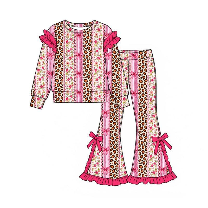 Preorder (moq 5) Girls’ Fall Pink Leopard & Plaid Heart and Bow Ruffle Long-Sleeve Round-Neck Top with Flare Pants Set