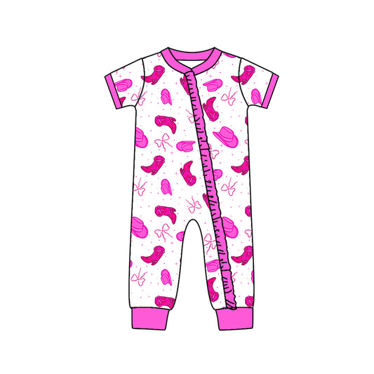 Preorder (moq 5)Baby Girls Hot Pink Boot Hat Bows Western Two Way Ruffle Zip Convertible Rompers