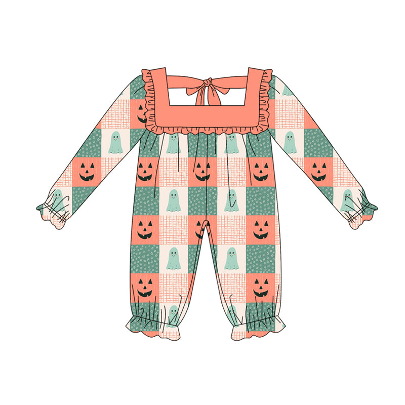 Preorder (moq 5)Baby Girls Long Ruffle Sleeves Orange Green Ghosts Pumpkins Plaid Rompers