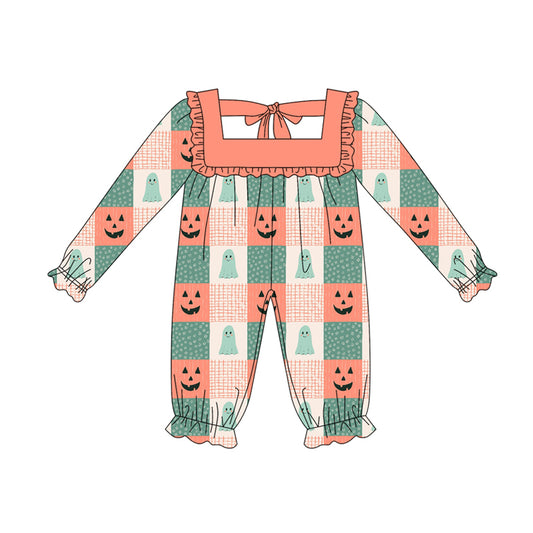 Preorder (moq 5)Baby Girls Long Ruffle Sleeves Orange Green Ghosts Pumpkins Plaid Rompers