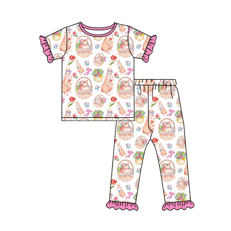Preorder (moq 5) Baby Girl Clothes Easter Bunny Tulip Basket Floral Mixed Print Short Sleeve Ruffle Pant Set