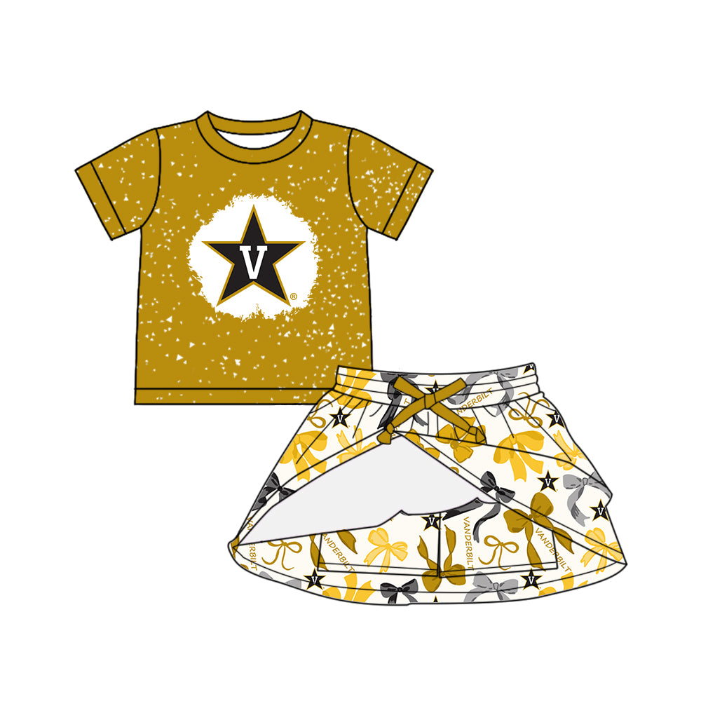 Preorder (moq 5)Baby Girls Yellow Short Sleeves V Stars  Top Bows Plaid Skorts Team Set